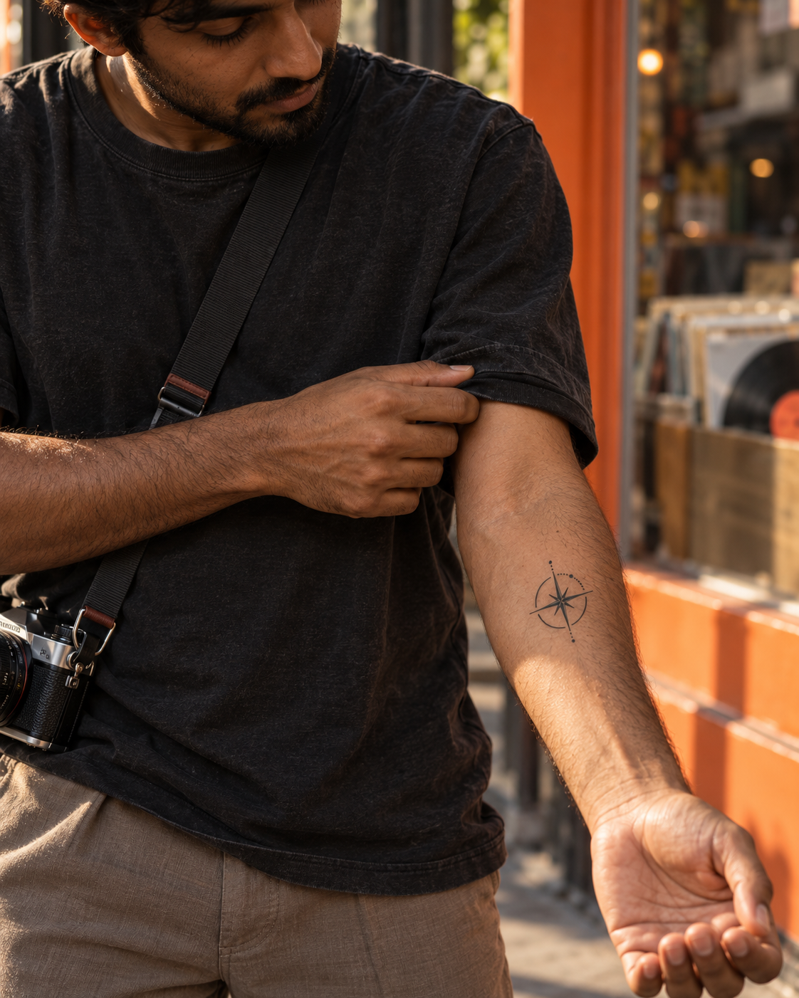 AI-generated styling concept: True North tattoo on a city afternoon