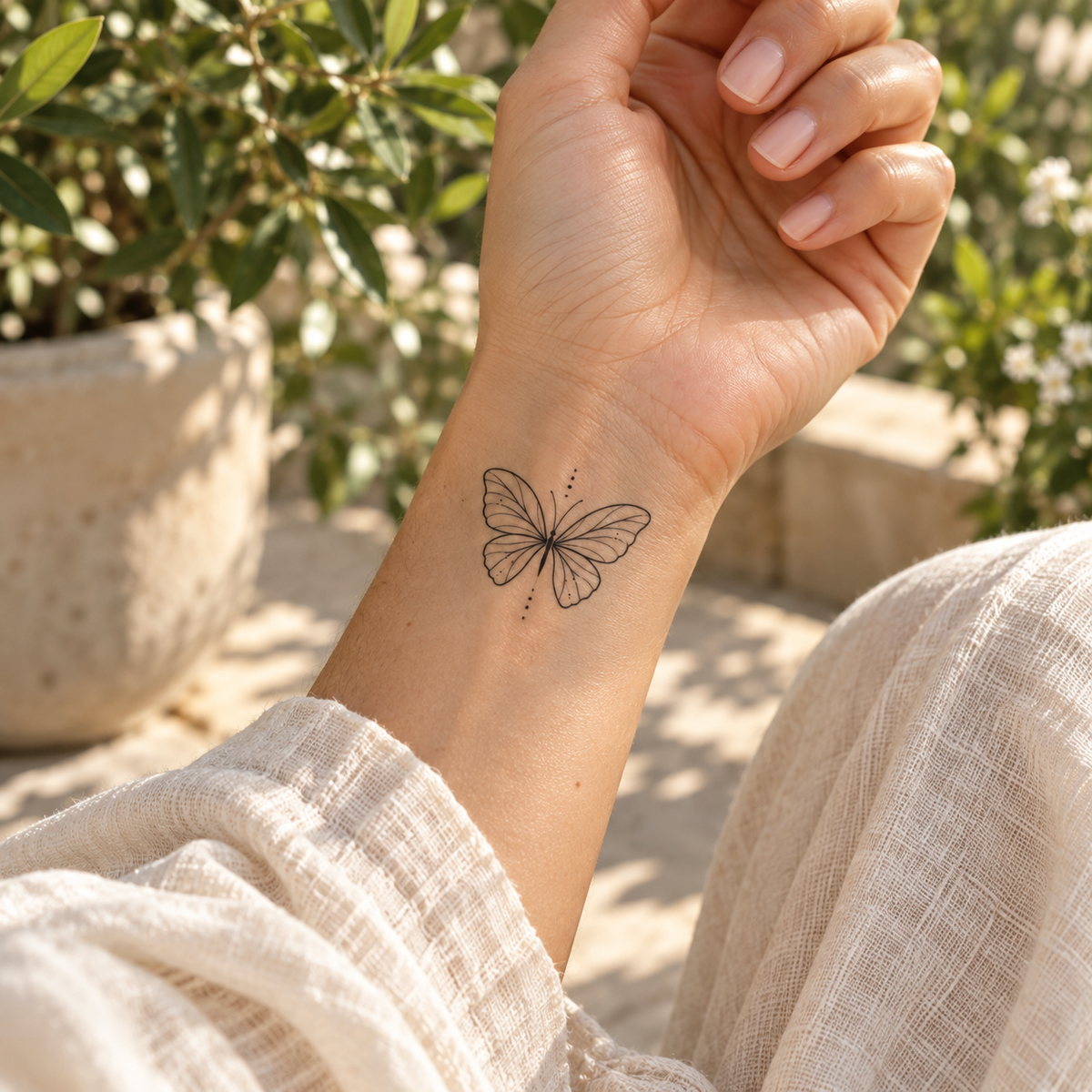 AI-generated styling concept of the Becoming Unfold temporary tattoo on an inner wrist