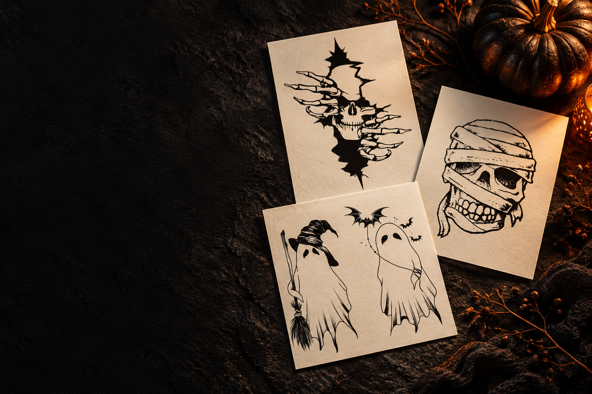 Halloween tattoo artwork featuring skulls, a mummy and ghost pair on a dark seasonal backdrop