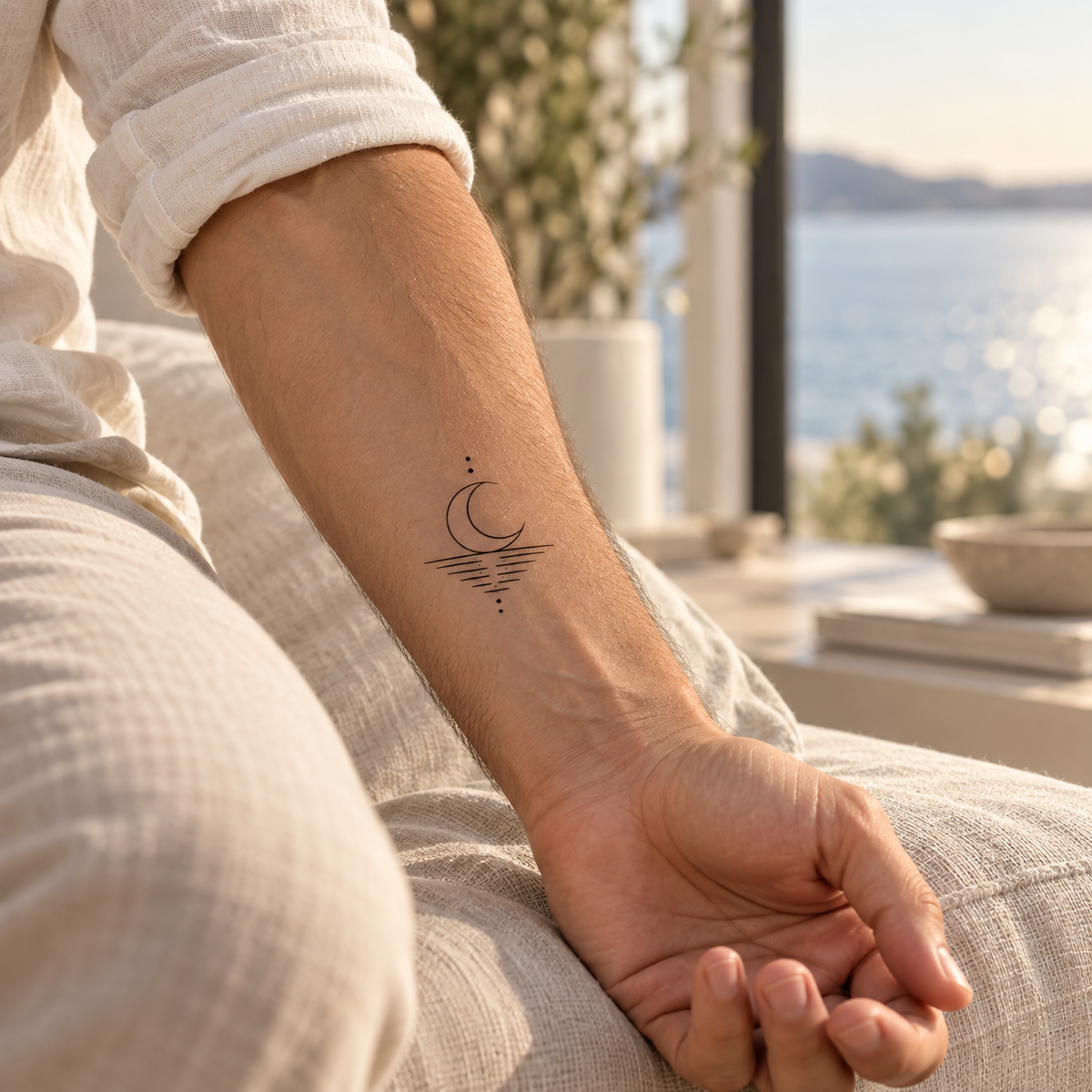 AI-generated styling concept of the Stillness Quiet Moon temporary tattoo on an inner forearm