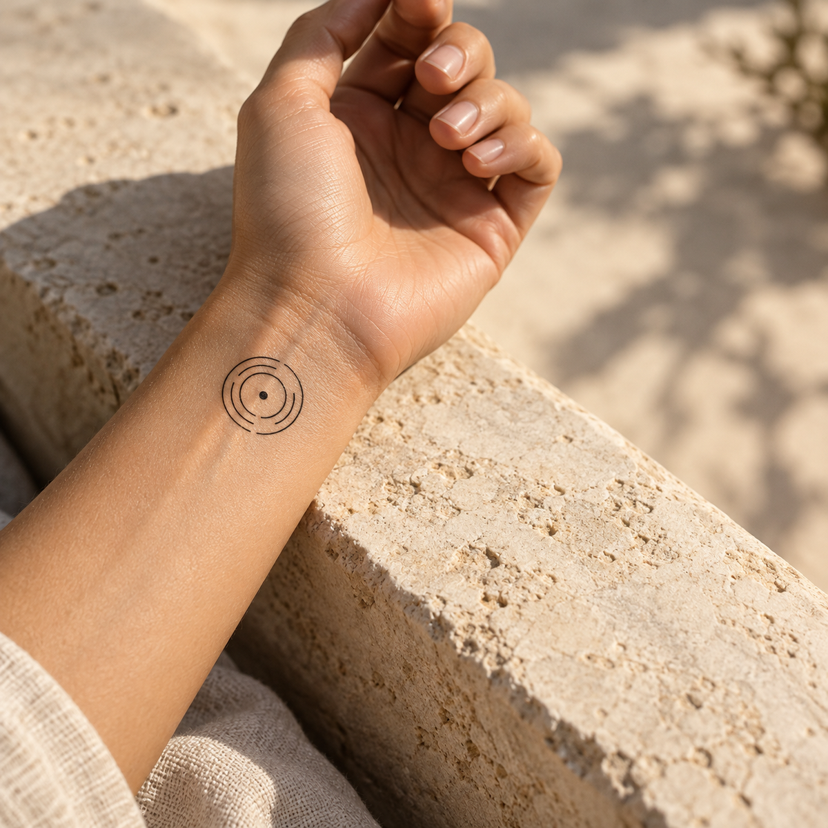 Concept mockup of the Unshaken Reset temporary tattoo on an inner wrist